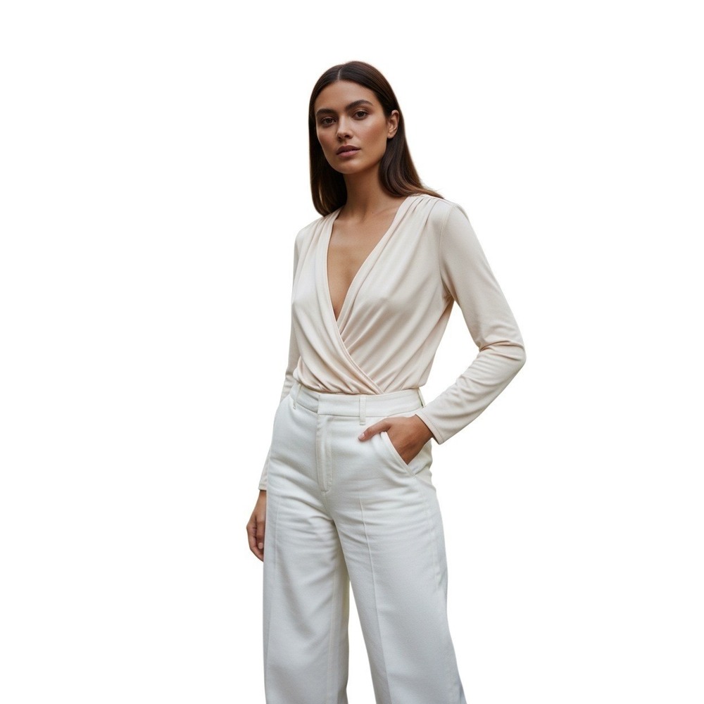 Sincerely Jules Elegant Feminine Cream Drape Front Bodysuit L Long Sleeve NWOT